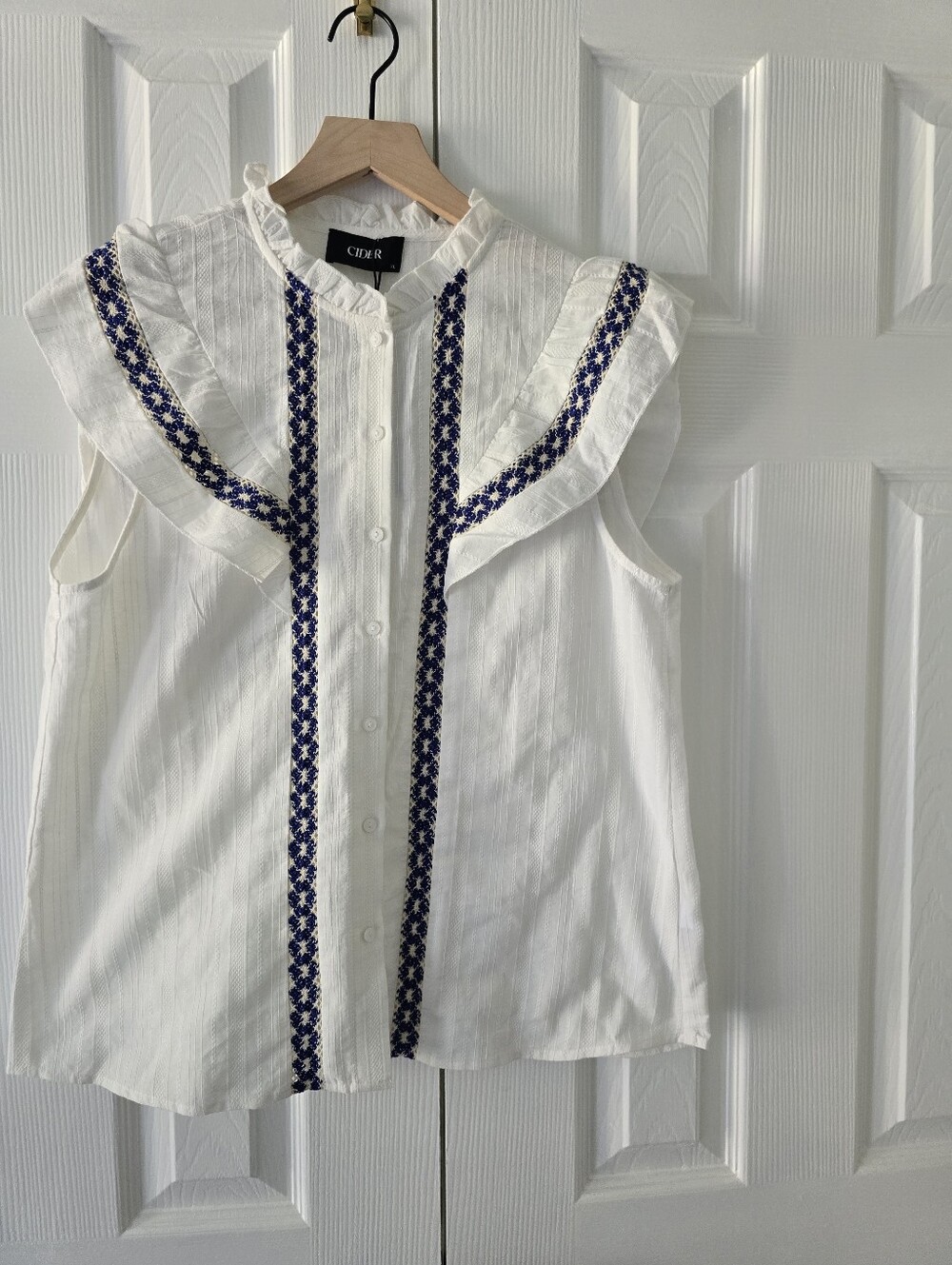 Cider Cream Sleeveless Embroidered Ruffle Top with Blue Trim - Picture 3 of 5